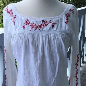 Raviya 100% Cotton Flared Sleeve Blouse with Embroidered Accents Lightweight